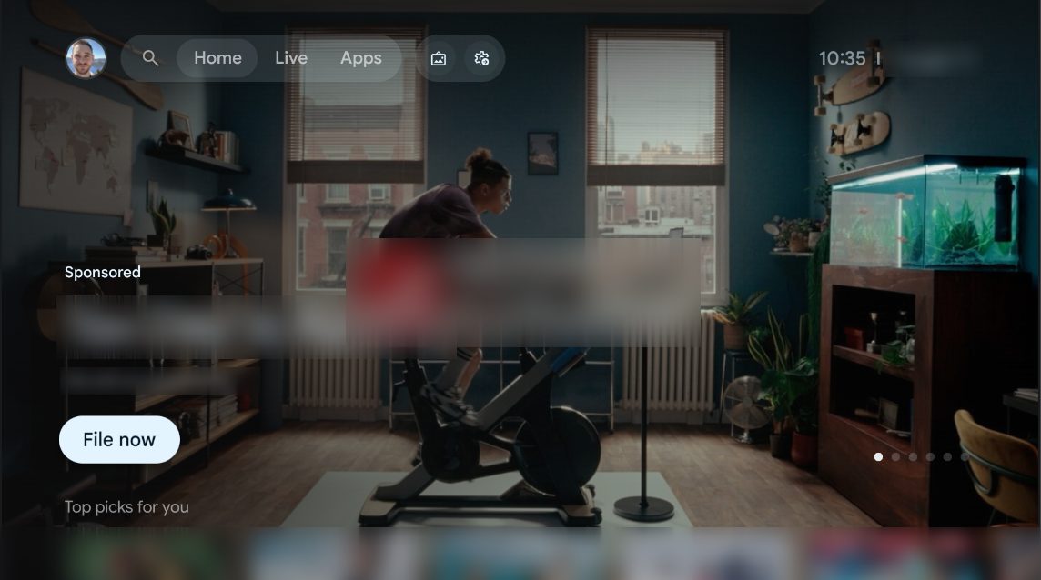 Google TV's home screen with a sponsored ad filling the top of the screen