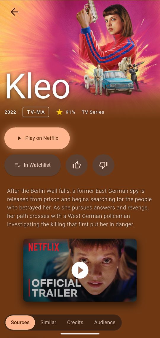 A title page on a phone with Play on Netflix and the trailer