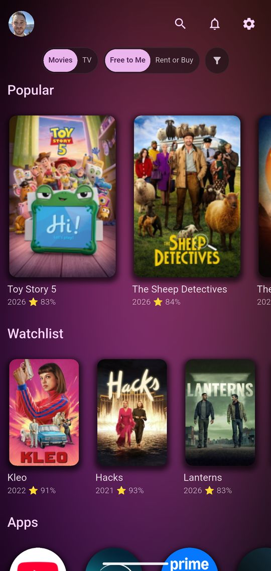 Bitflinger TV on a phone: Popular and Watchlist rows