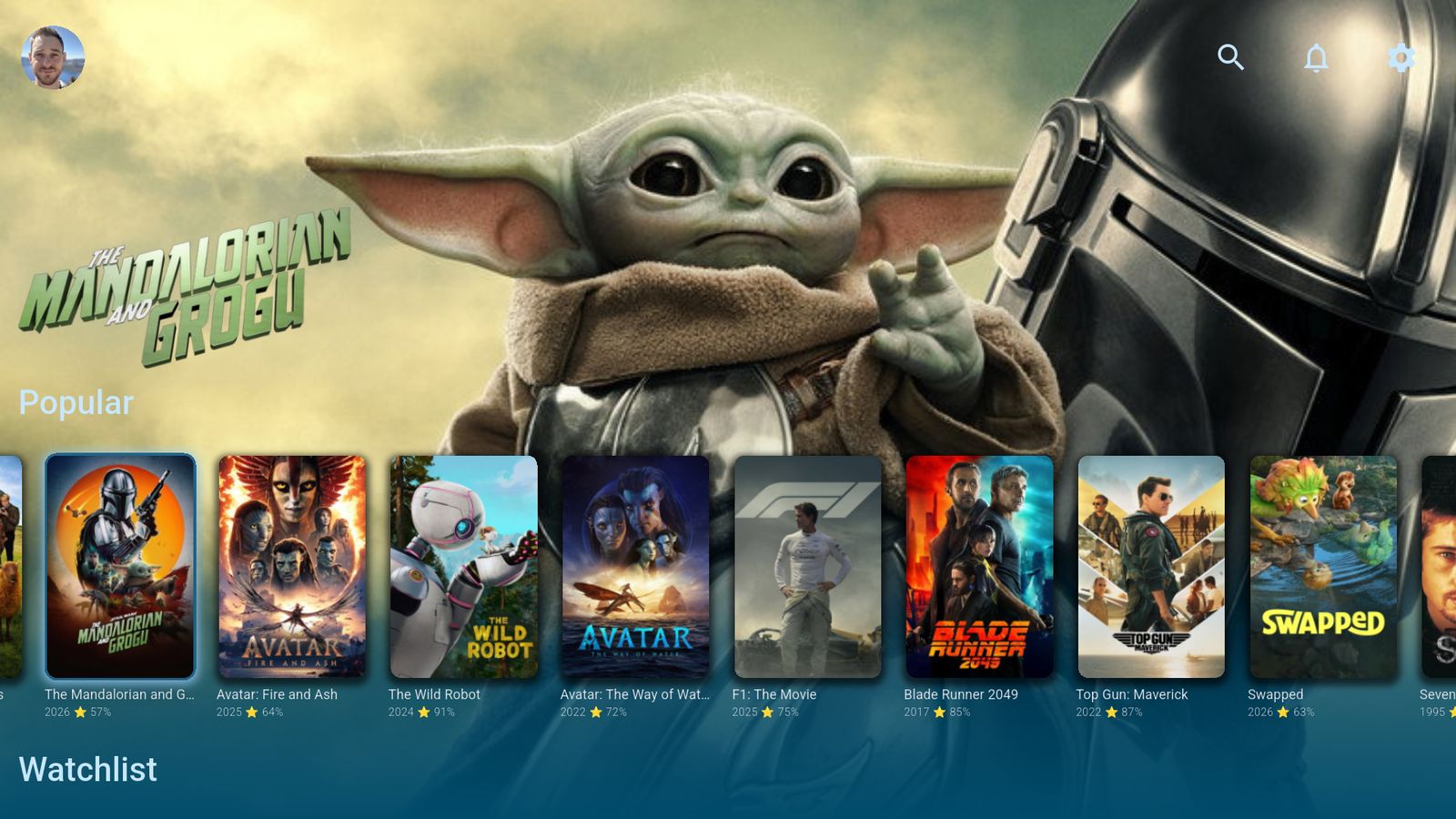 The Bitflinger TV home screen: a Popular carousel above your Watchlist