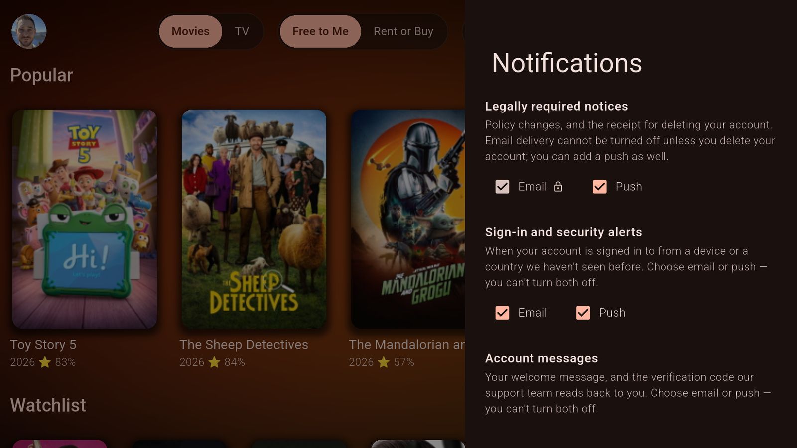 Settings, Notifications: choose email or push for each kind of alert