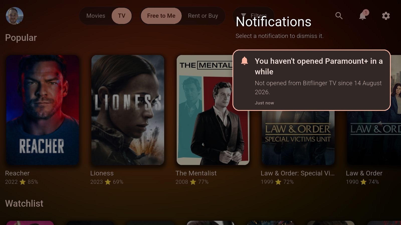 A notification: You haven't opened Paramount+ in a while