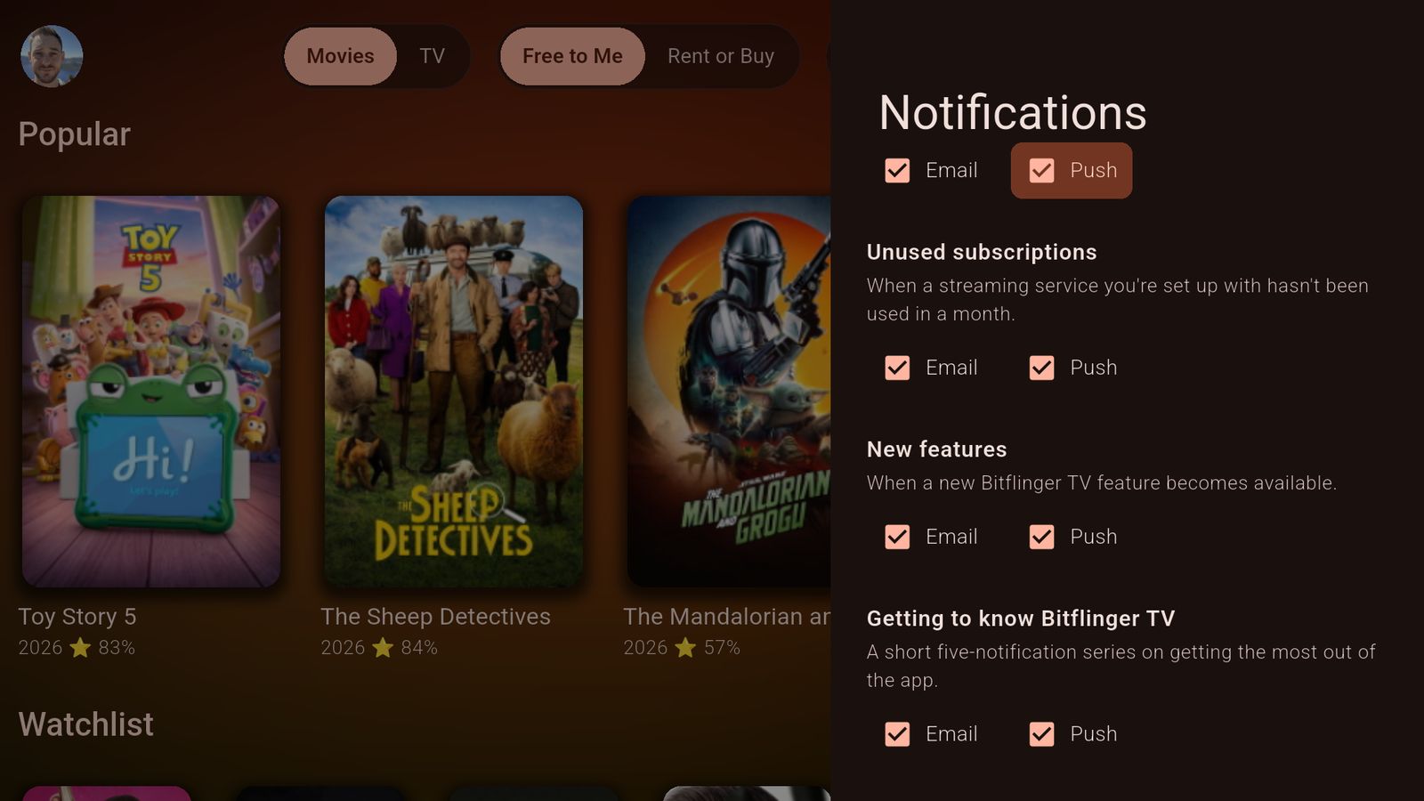 Settings, Notifications: Unused subscriptions with Email and Push