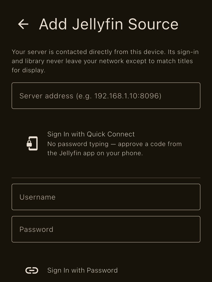 Add Jellyfin Source: the server address, Quick Connect, or a username and password