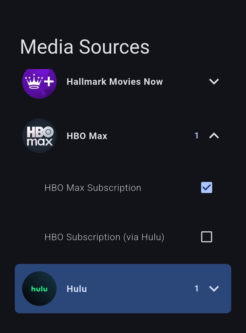 Media Sources with HBO Max expanded to show each way to pay for it
