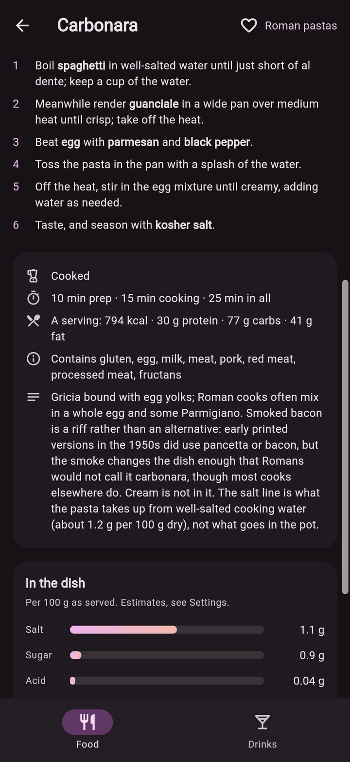 Carbonara's details: 25 minutes in all, 794 kcal a serving with its protein, carbs and fat, and the allergens it contains